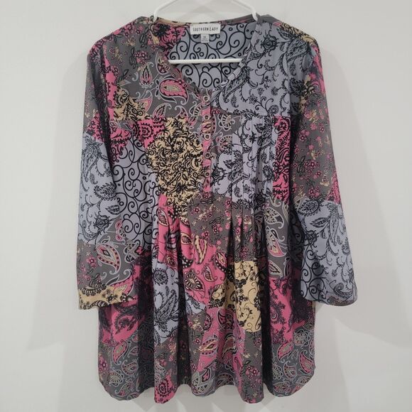 Southern Lady Womens Top Size 1X Patchwork Floral Popover - Picture 1 of 7